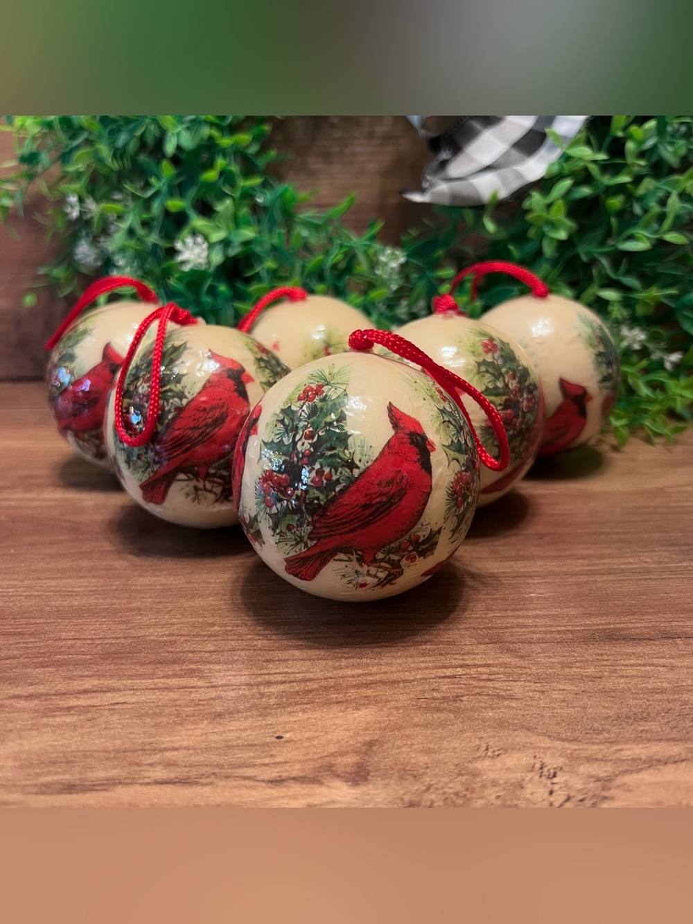 Vintage Set of 6 Red Cardinal Decopauge Ball Christmas Ornaments